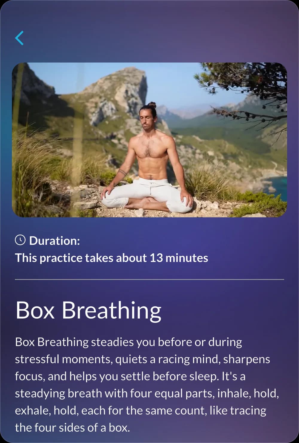 The Box Breathing practice page: the guided video, its duration, and the first paragraph about the practice