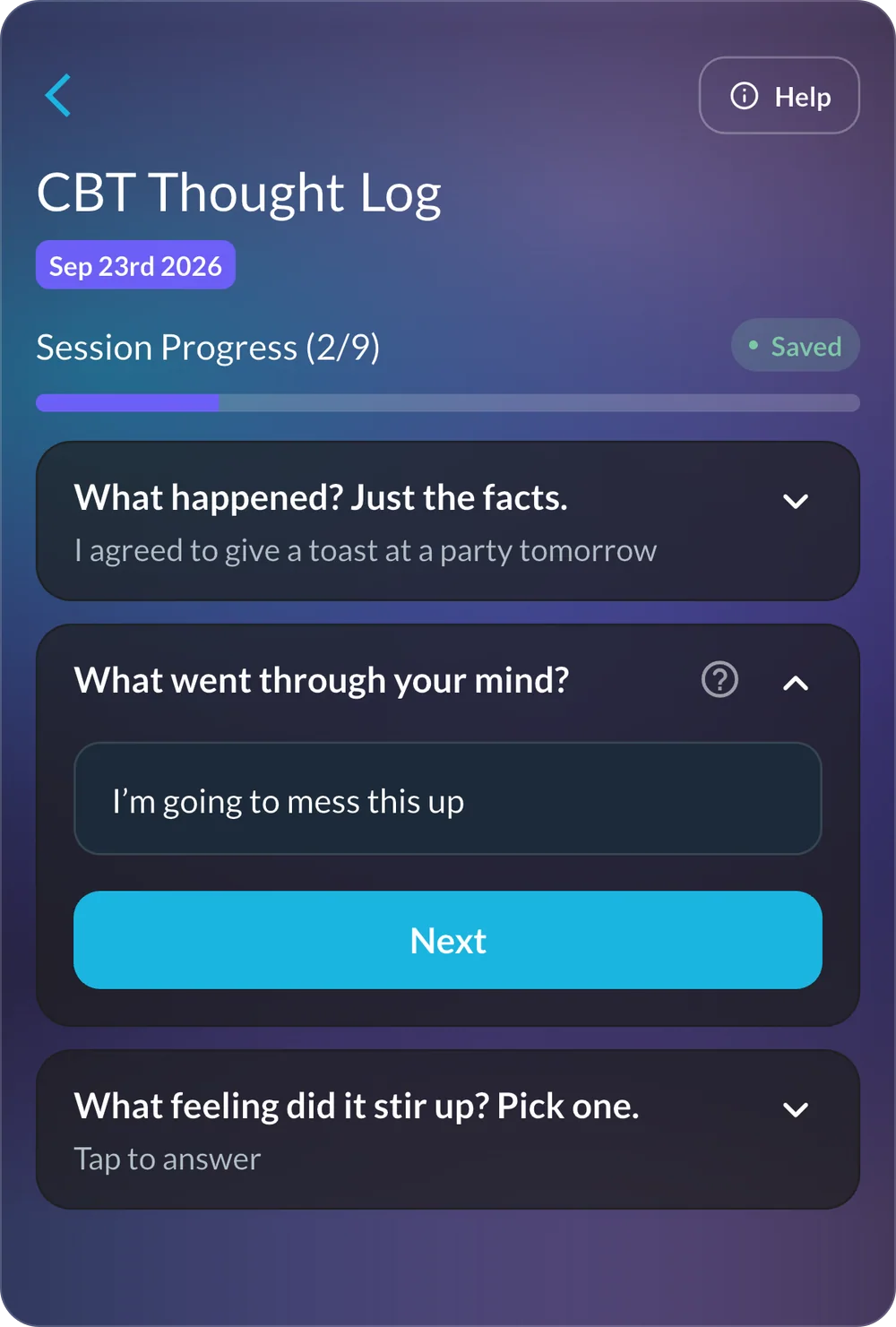 The CBT Thought Log: the open question with an answer typed in, and the questions still to come below it