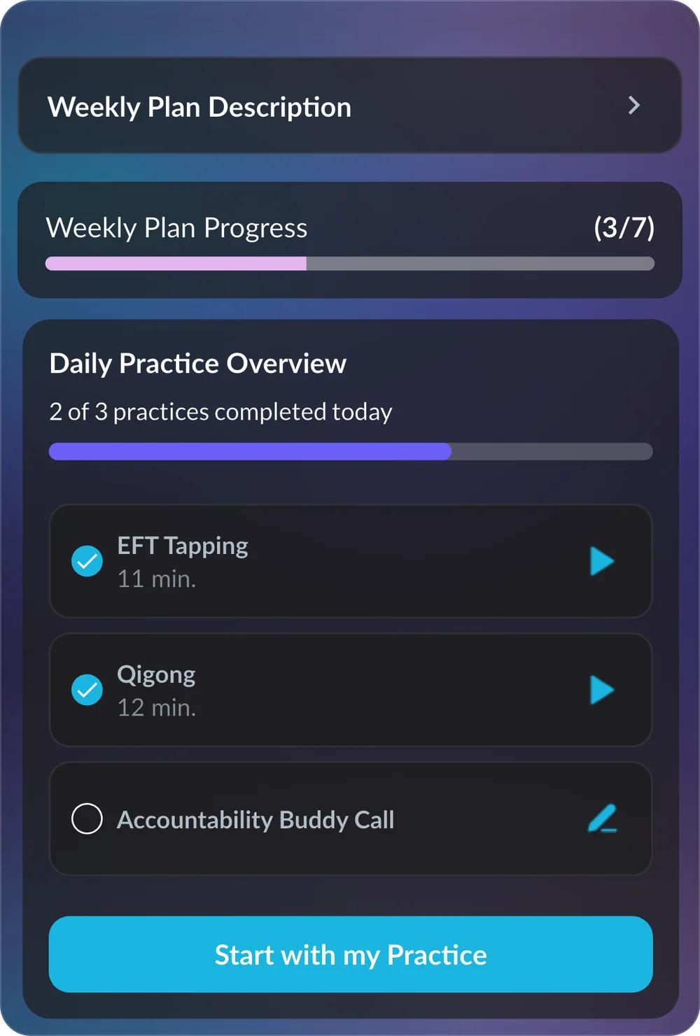 The home screen: the week’s progress, and the Daily Practice Overview with today’s three practices, two of them ticked, and the button to start