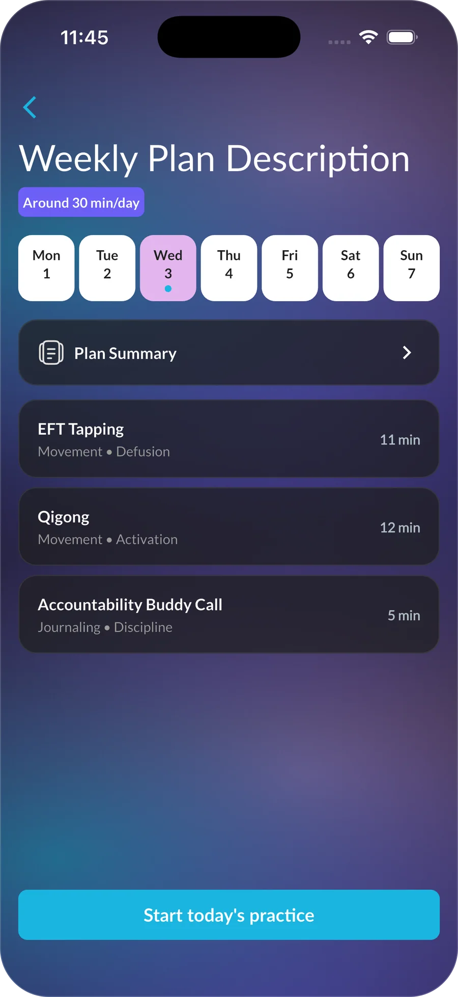 The Weekly Plan Description screen: around 30 minutes a day, the seven-day strip, the Plan Summary row, and three practices with their labels and minutes