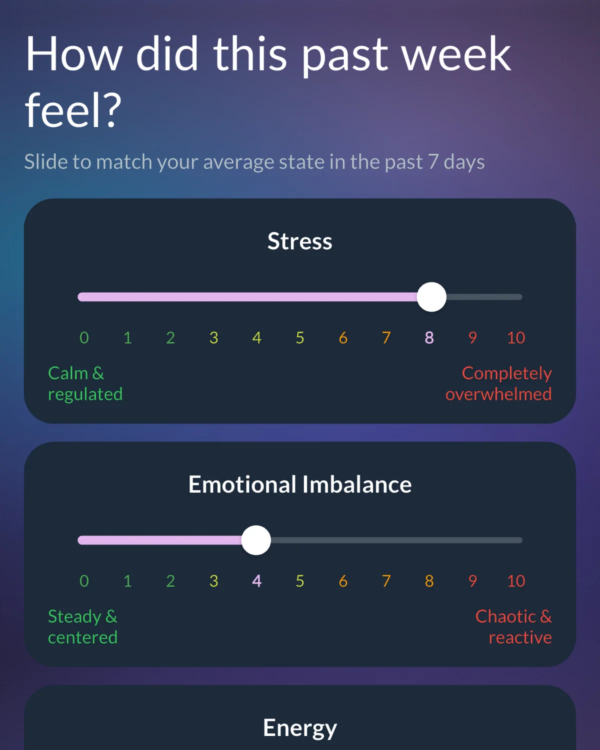 The weekly check-in screen, "How did this past week feel?", with sliders from 0 to 10 for stress and emotional imbalance, the energy slider starting below