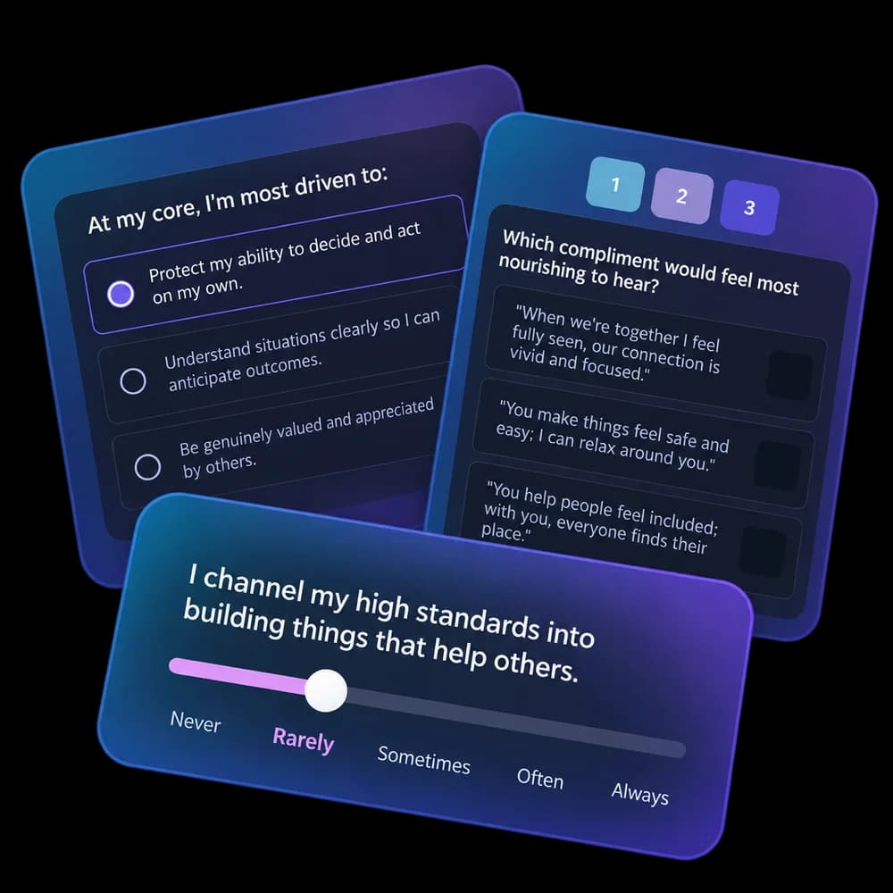 Three question cards from the assessment