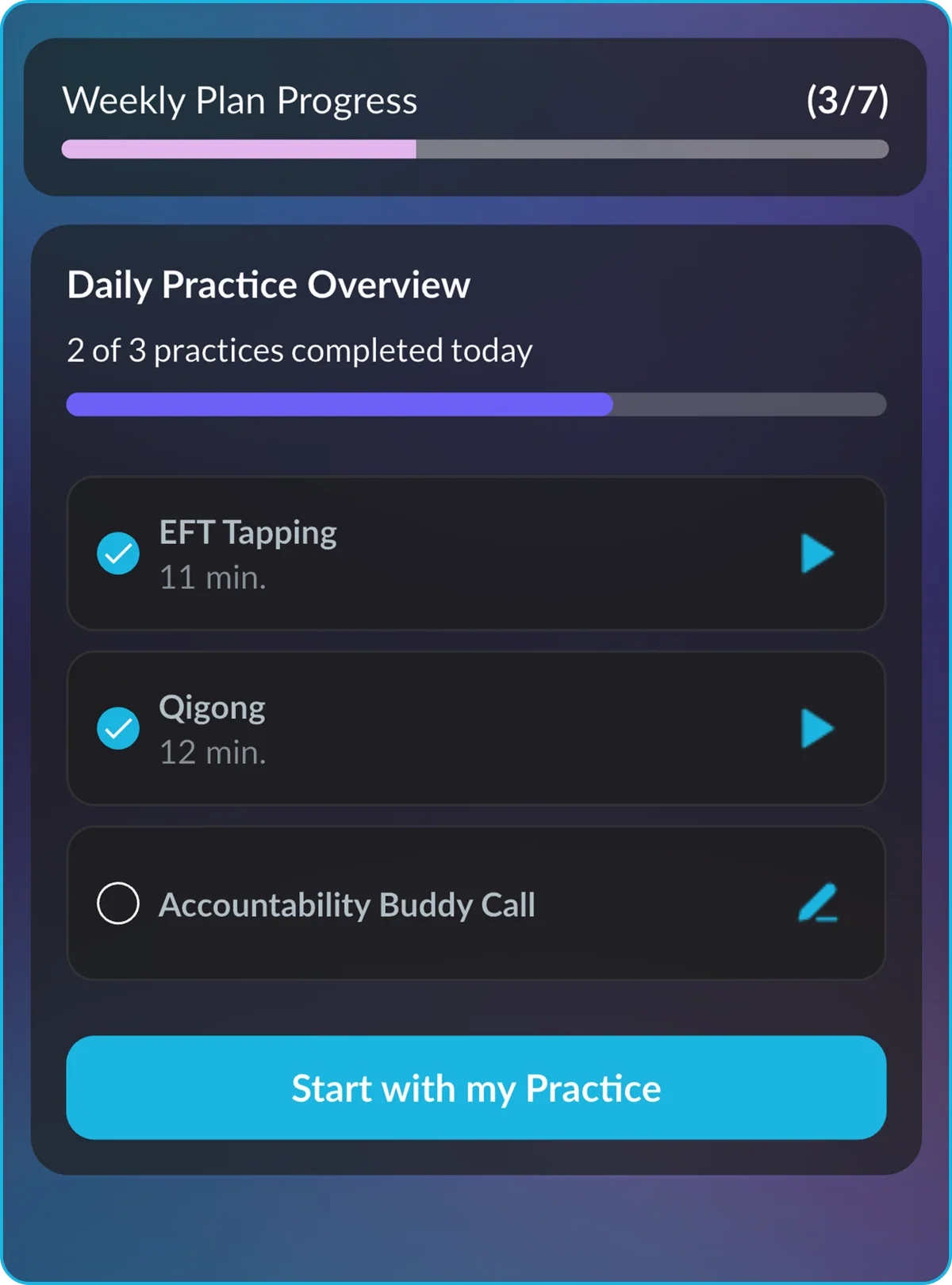 The home screen: Weekly Plan Progress at 3 of 7, and the Daily Practice Overview with today’s three practices, two of them ticked, and the button to start