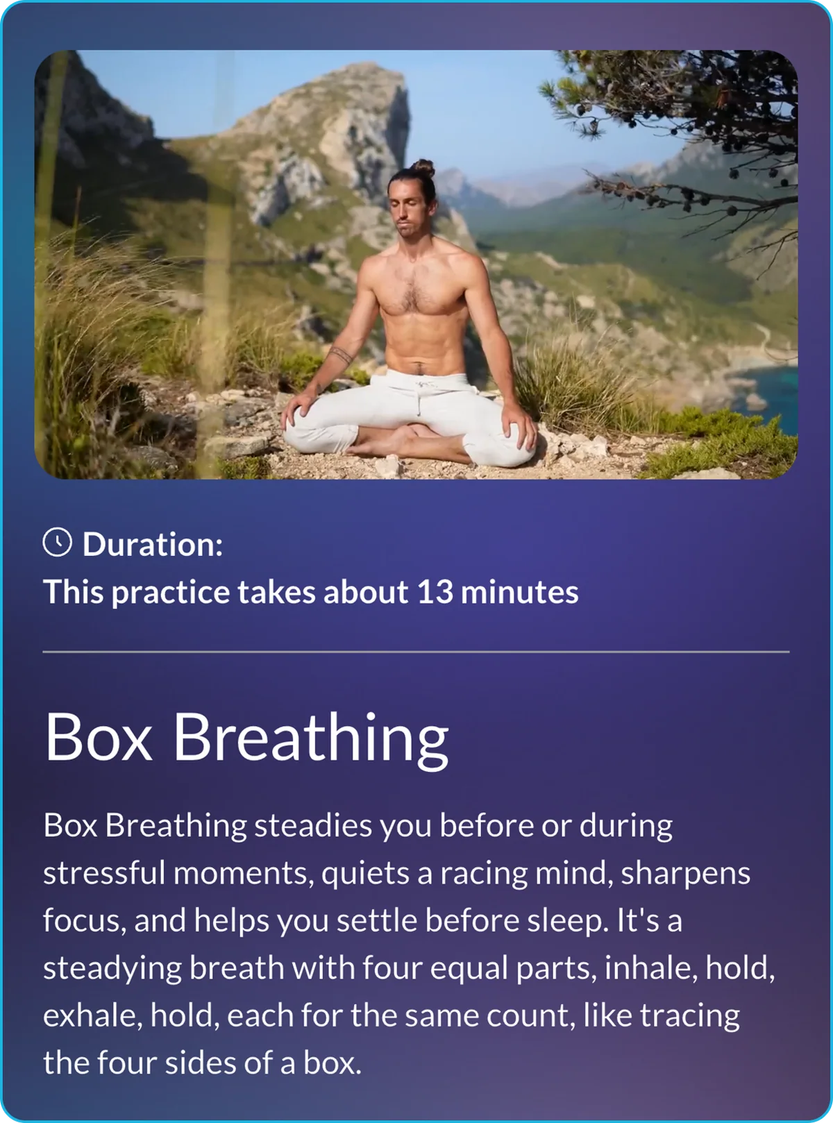The Box Breathing practice page: the guided video, its duration of about 13 minutes, and the description