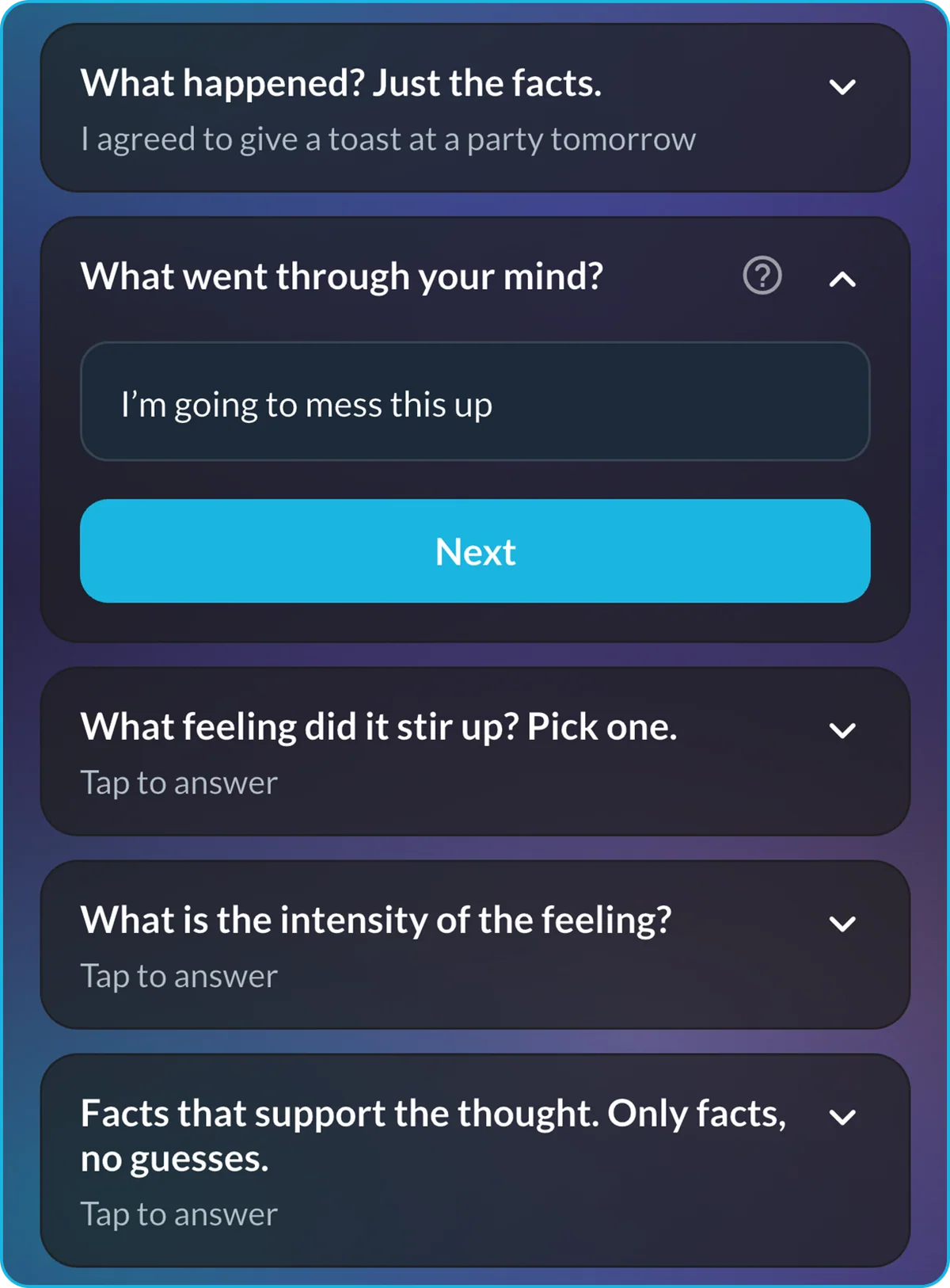 The CBT Thought Log: the first step answered, the open question with an answer typed in, and the questions still to come