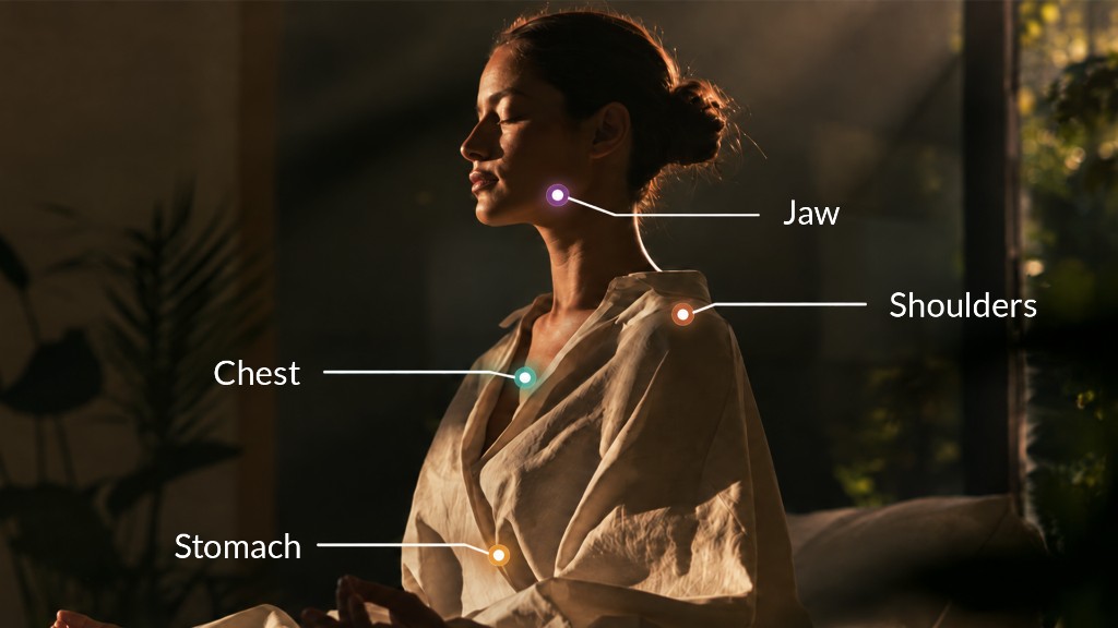 Stored emotion often shows up as tension in the jaw, shoulders, chest, and stomach