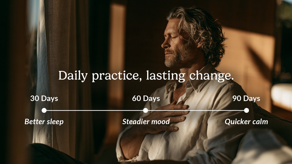 Timeline showing nervous system regulation milestones at 30, 60, and 90 days of daily practice