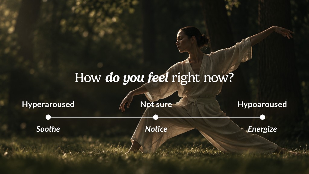 Flowchart for choosing nervous system regulation exercises based on whether you are hyperaroused or hypoaroused